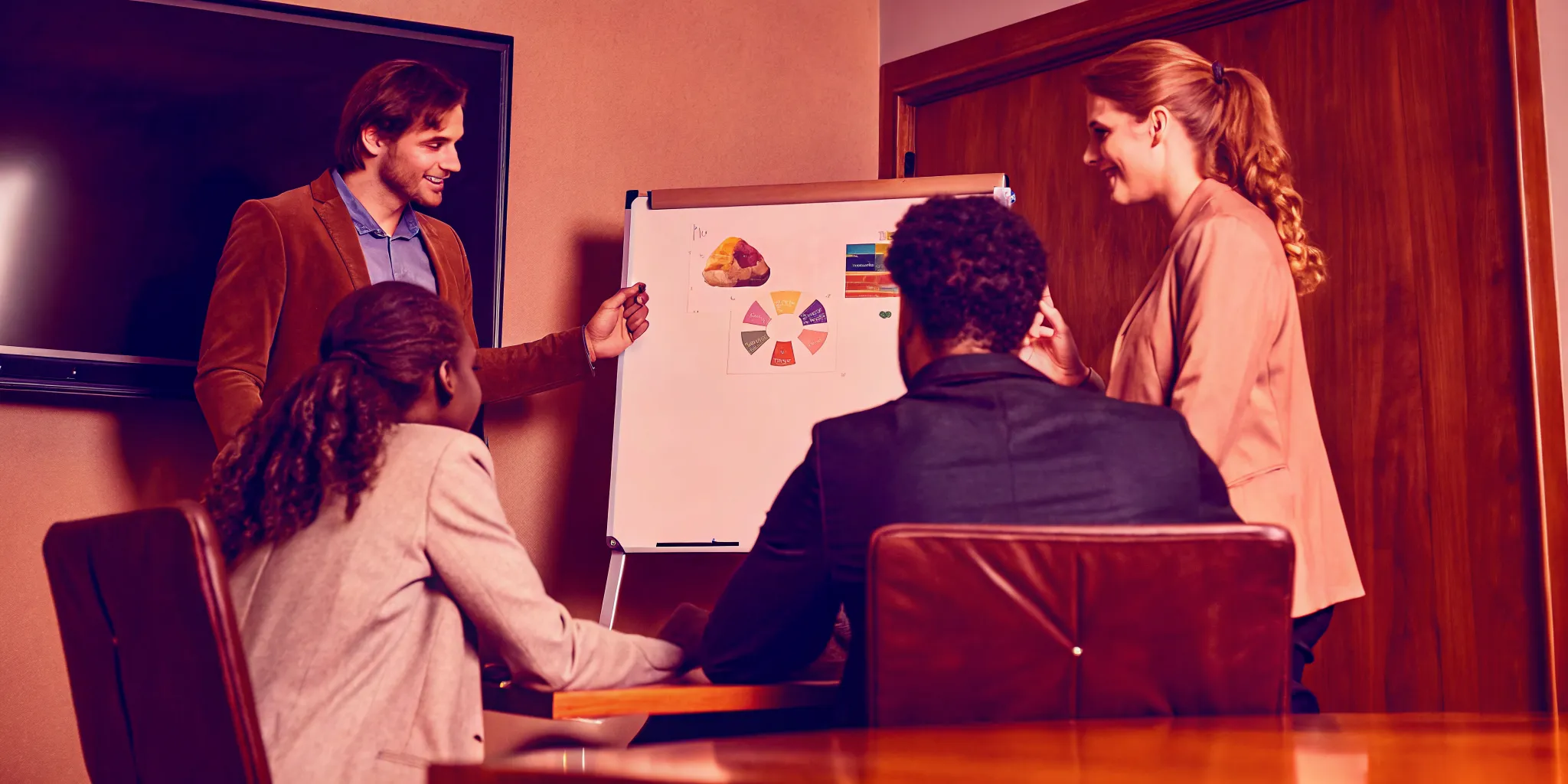 Professional business team collaborating around a whiteboard with DISC behavioral style charts