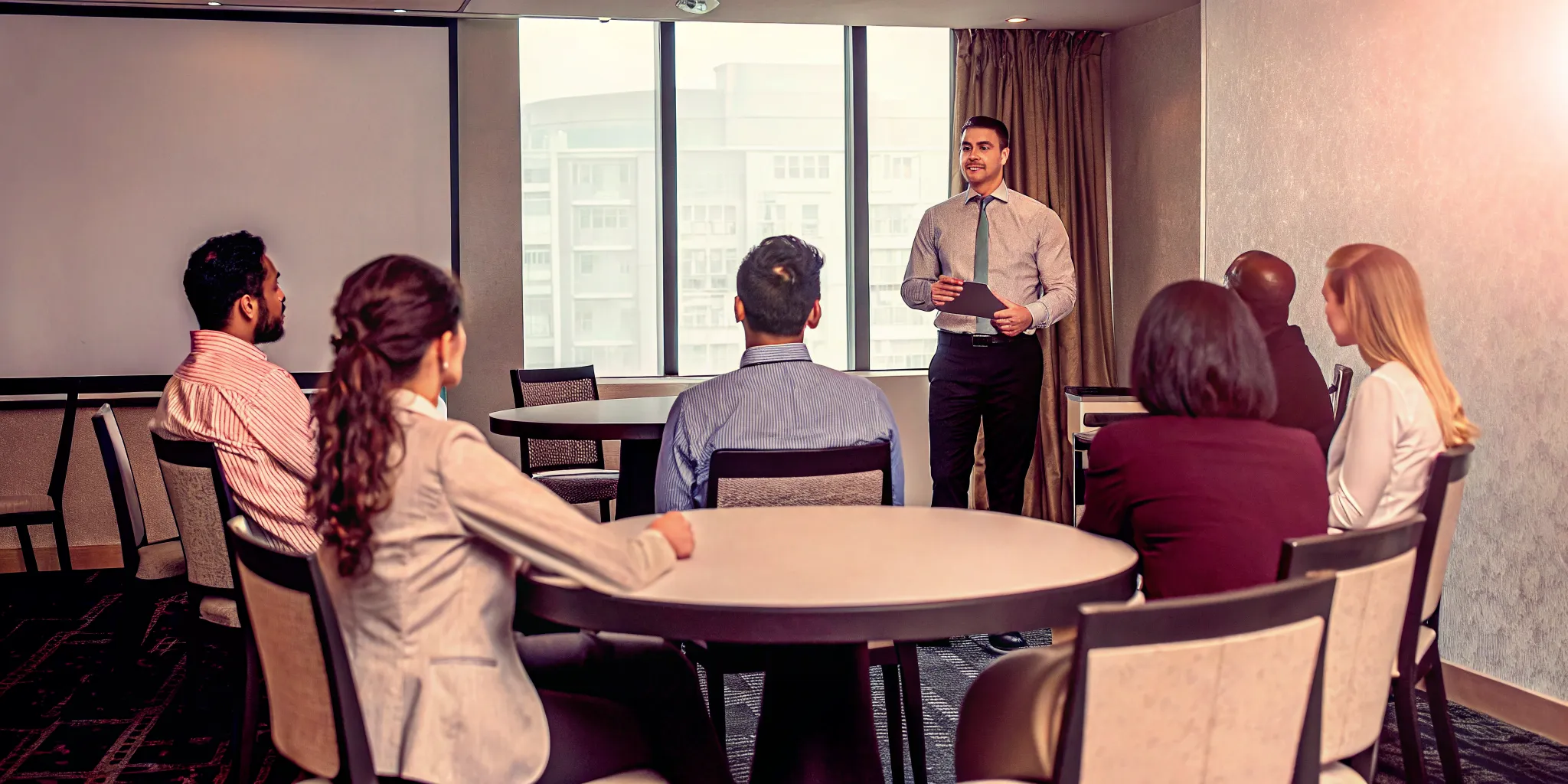 Professional team participating in a DiSC training debrief workshop in a modern conference room