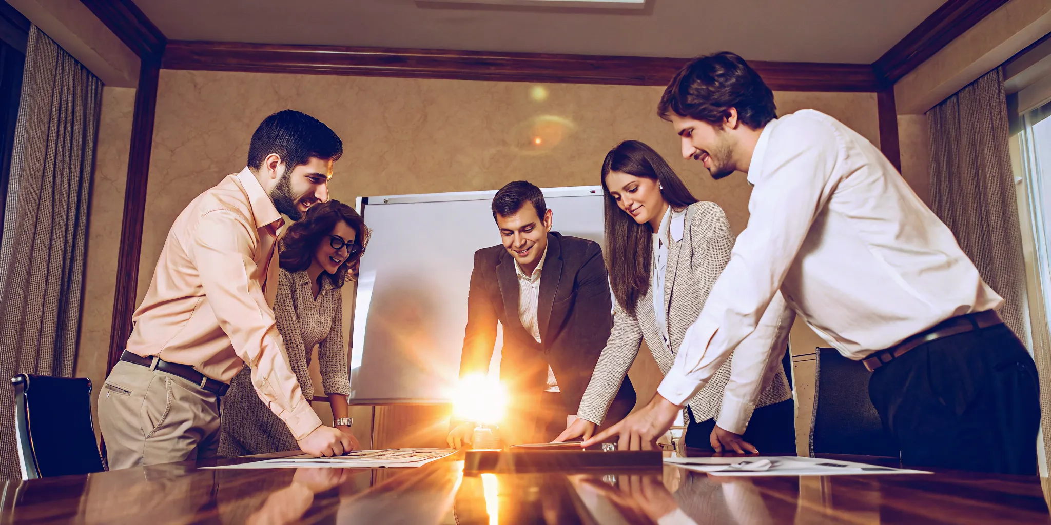Mid-market executive team collaborating in a strategic monthly management meeting